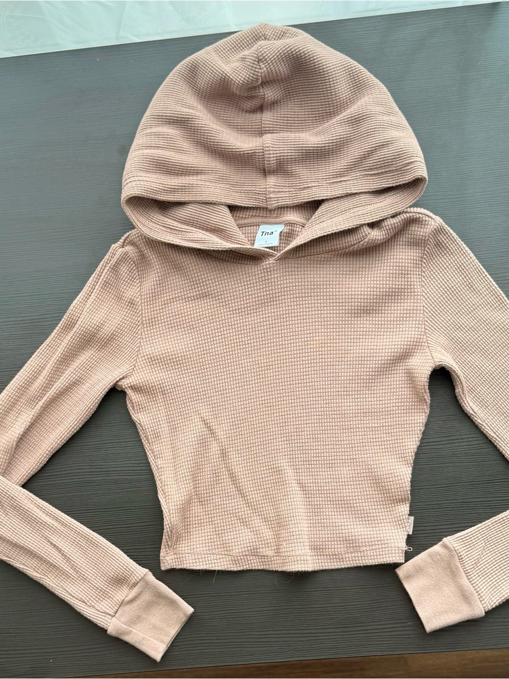 TNA Cropped Waffle Hoodie in Light Taupe